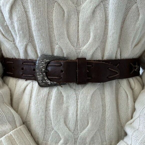 Vintage Express Dark Brown 100% Leather Studded Hippie Belt Made in Italy Sz M - Picture 1 of 4